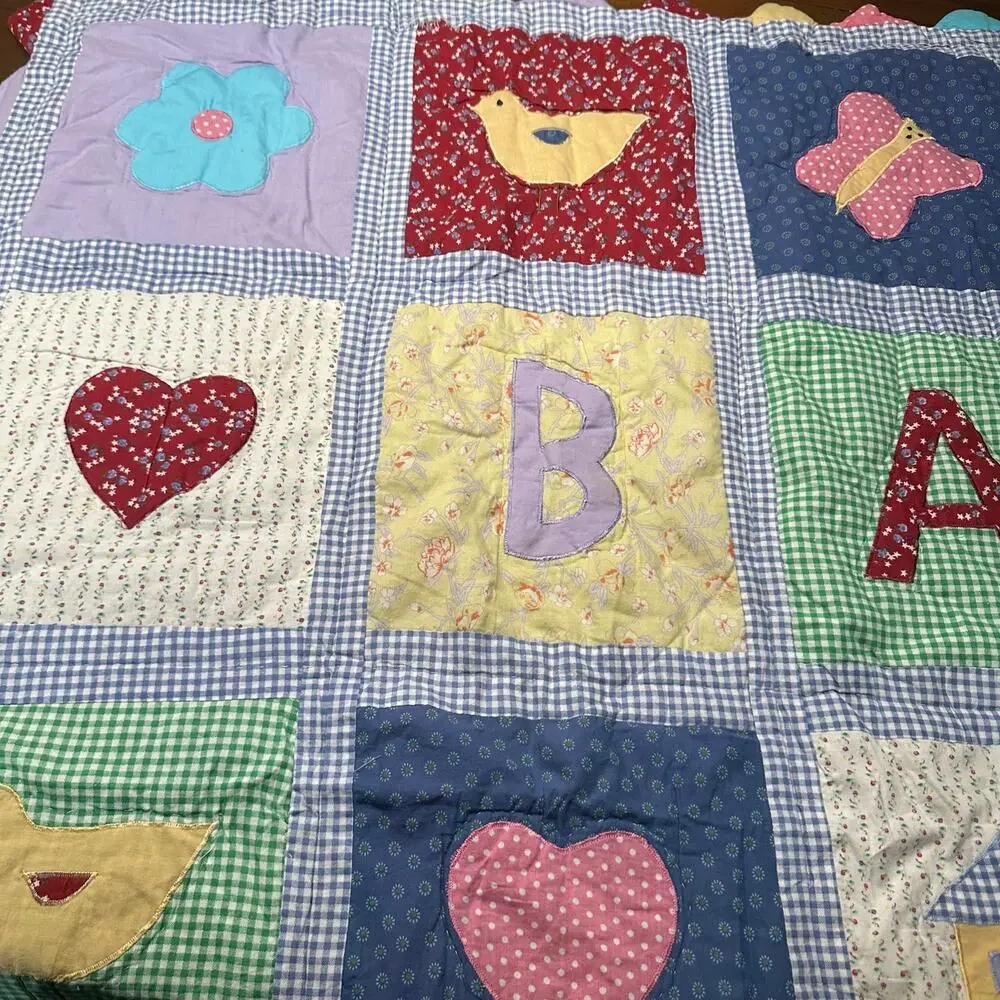 Vintage Handmade ABC Baby Quilt Crib Throw Applique Cottagecore Nursery